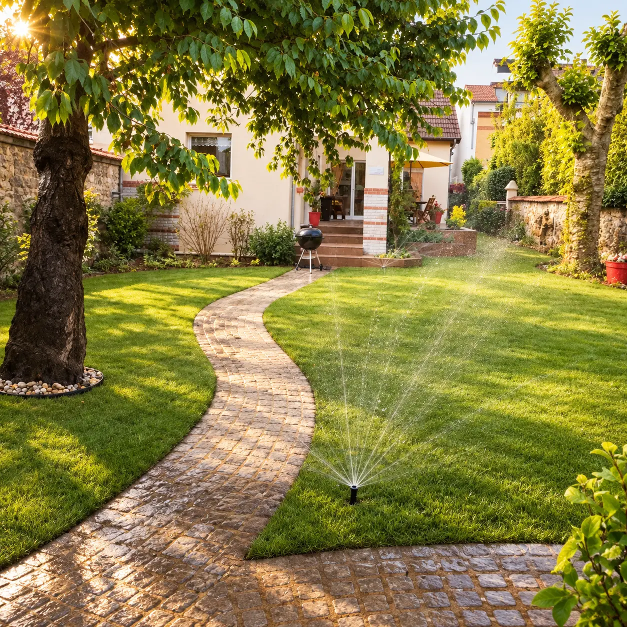 Jardin paysager lumineux avec pelouse entretenue à Montigny-lès-Cormeilles